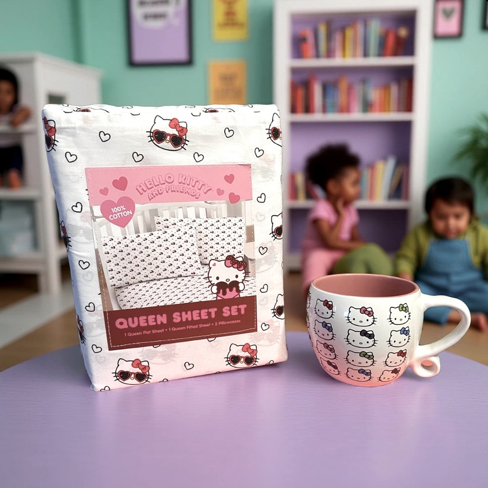 Hello Kitty by Sanrio NWT Sunglasses and Hearts Queen Sheet Set & Ceramic Mug